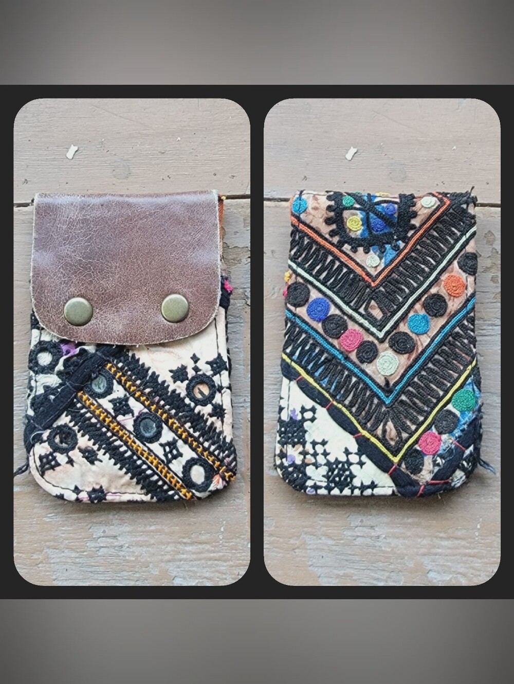 Free People embroidered banjara boho repurposed vtg leather wallet card case